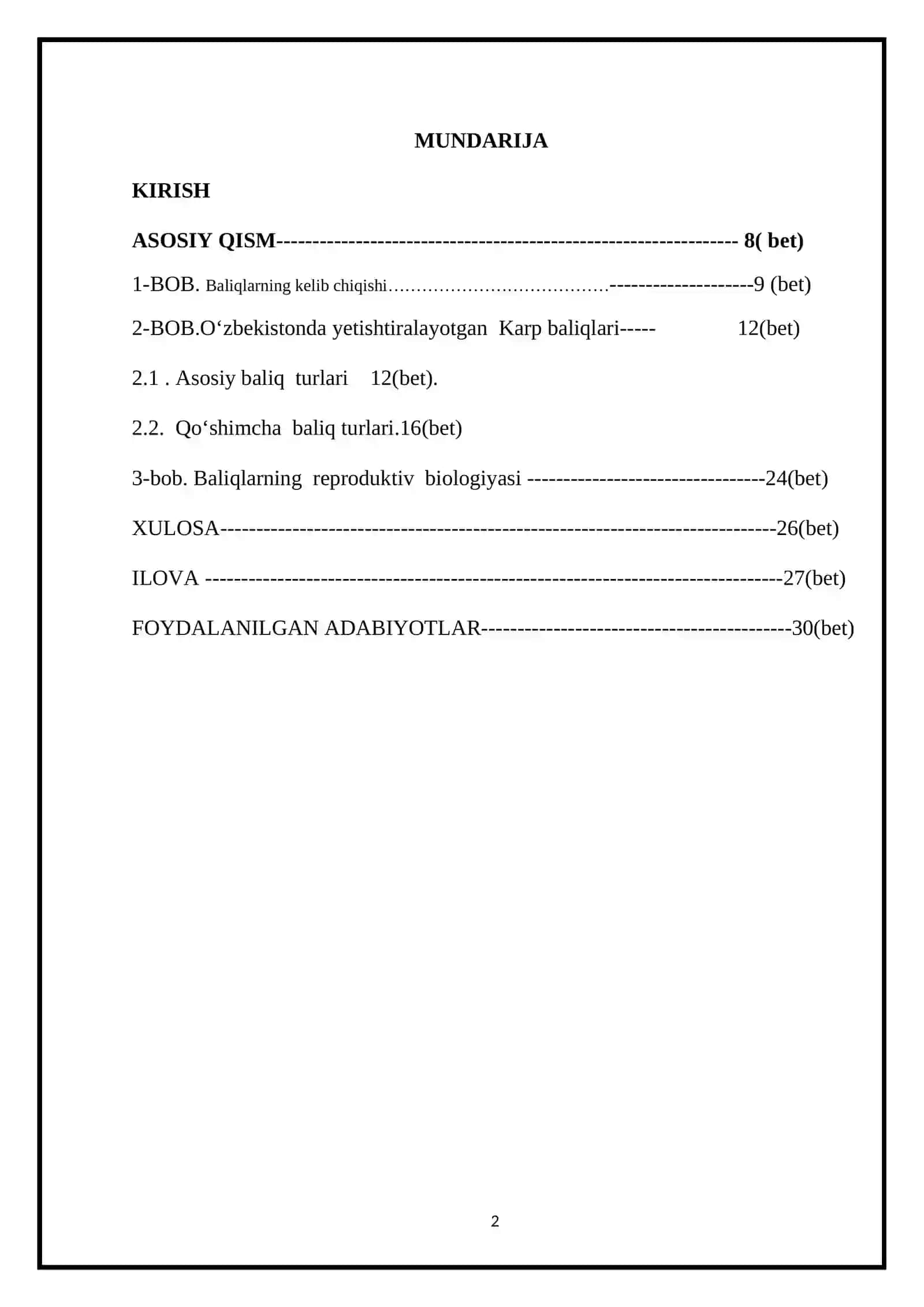 BALIQCHILIK, UNING IQTISODIY AHAMIYATI KURS ISHI 2
