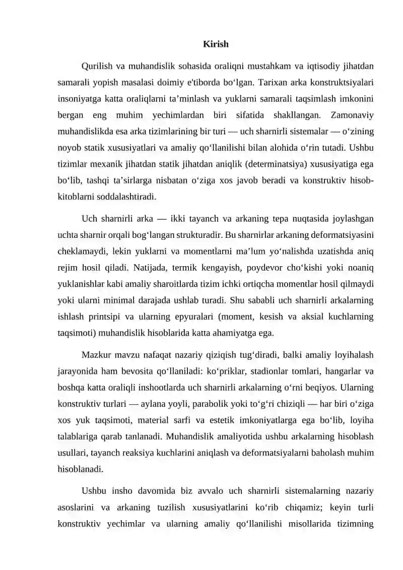 Uch sharnirli sistemalar va uch sharnirli arkalar mavzusi boʻyicha umumiy ma’lumotlar 2