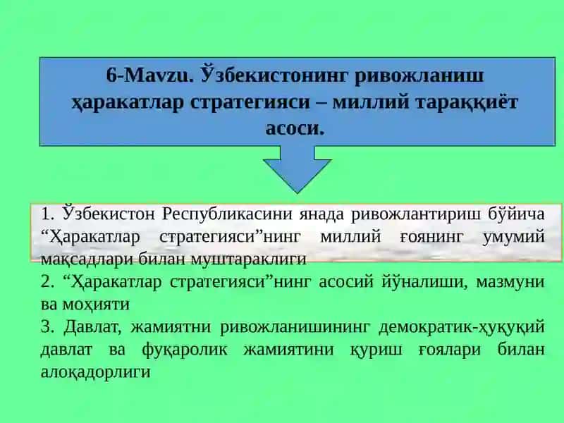 Ўзбекистонни ривожлантиришнинг Харакатлар стратегияси–миллийтараққиёт асоси 2