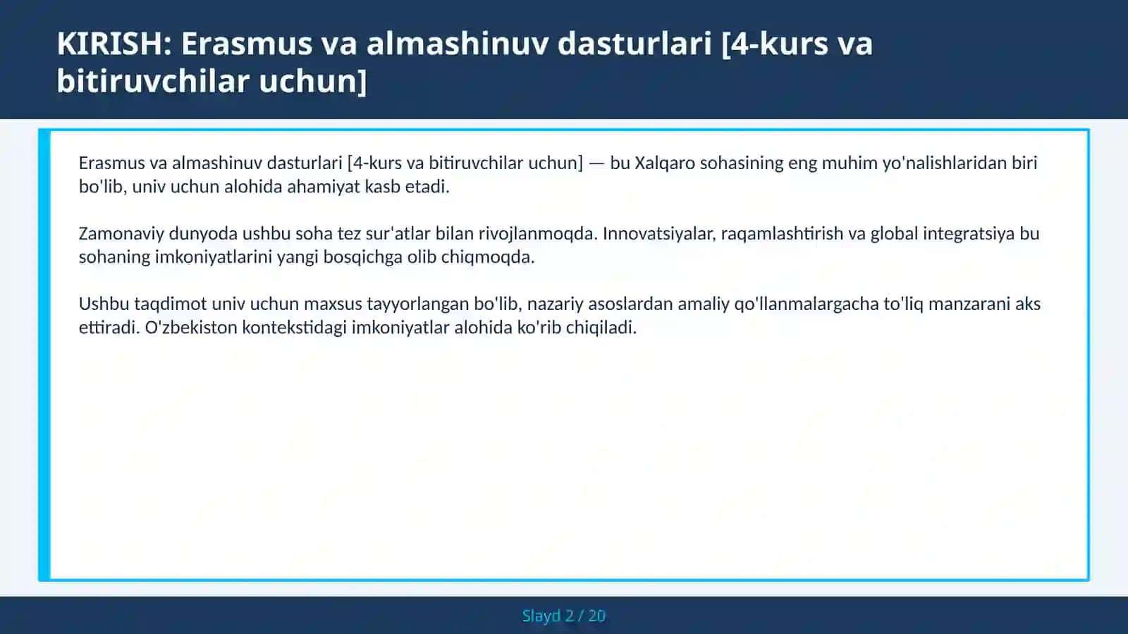 Erasmus va almashinuv dasturlari [4-kurs va bitiruvchilar uchun] 2