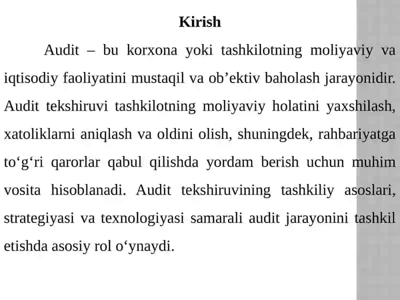 Audit tekshiruvining tashkiliy asoslari , audit strategiyasi va texnologiyasi 2