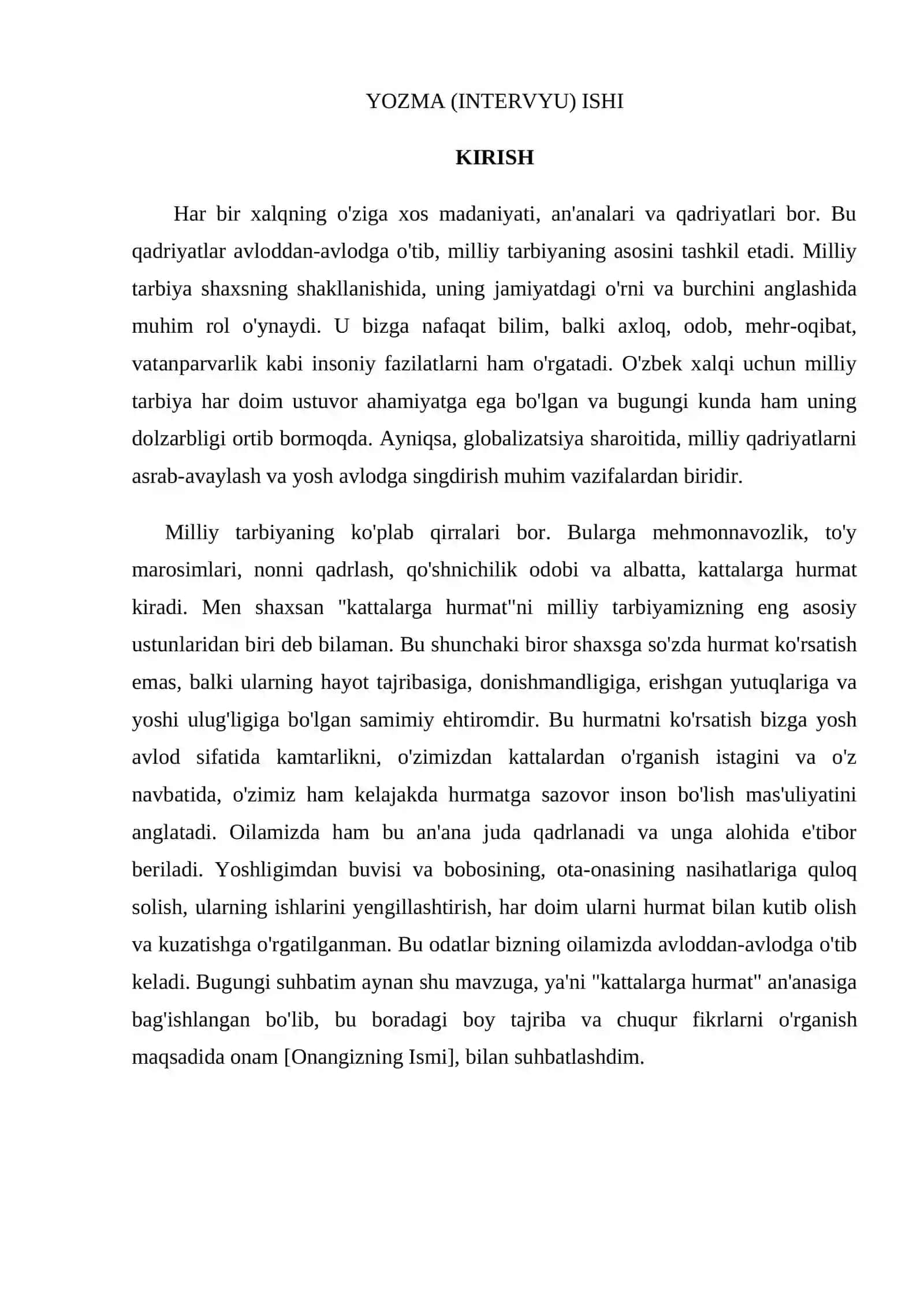 TOJIBOYEVA MALOHATNING “MAKTABGACHA TA’LIMDA ETNOPEDAGOGIKA” Fanidan tayyorlagan 2-TOPSHIRIQ ISHI YOZMA (INTERVYU) ISHI 2