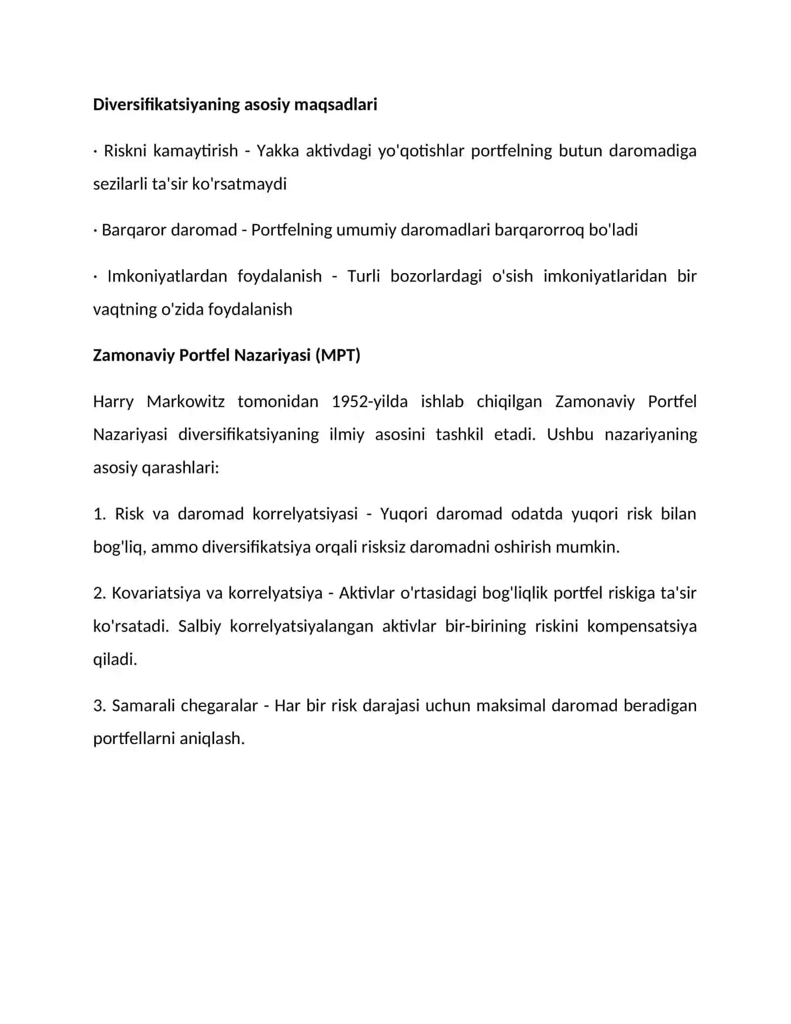 Diversifikatsiya va portfel nazariyasi 2