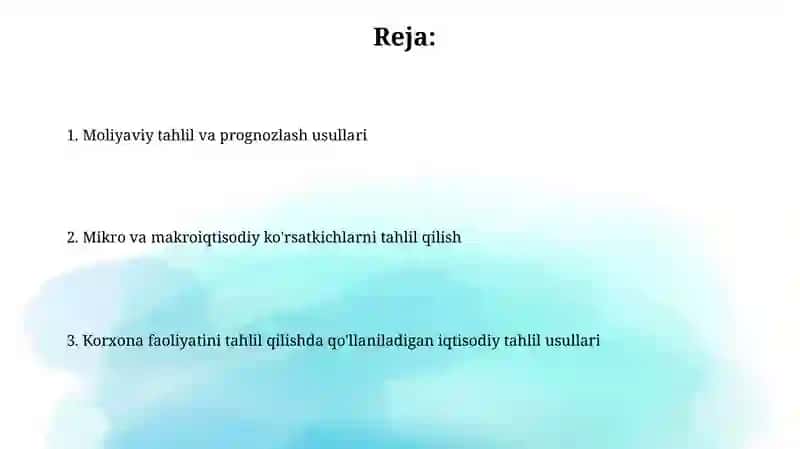 Korxona faoliyatini tahlil qilishda qo'llaniladigan iqtisodiy tahlil usullari 2