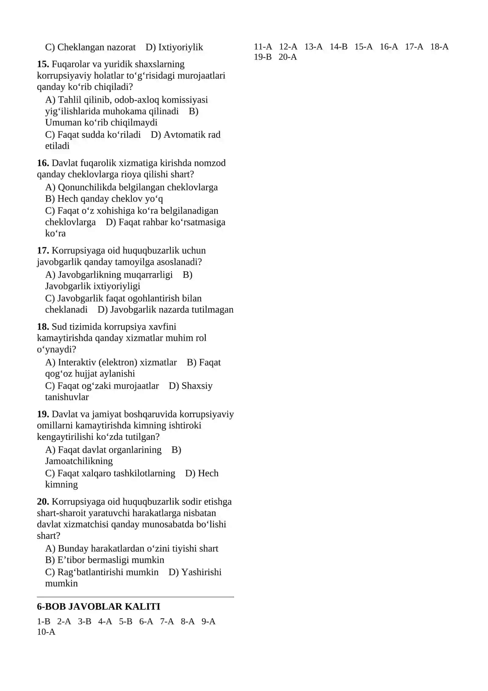 DAVLAT FUQAROLIK XIZMATCHILARI LAVOZIMLARI LAVOZIMLARIGA TANLOV TEST SAVOLLARI TO‘PLAMI — 2026 (2-QISM) 2