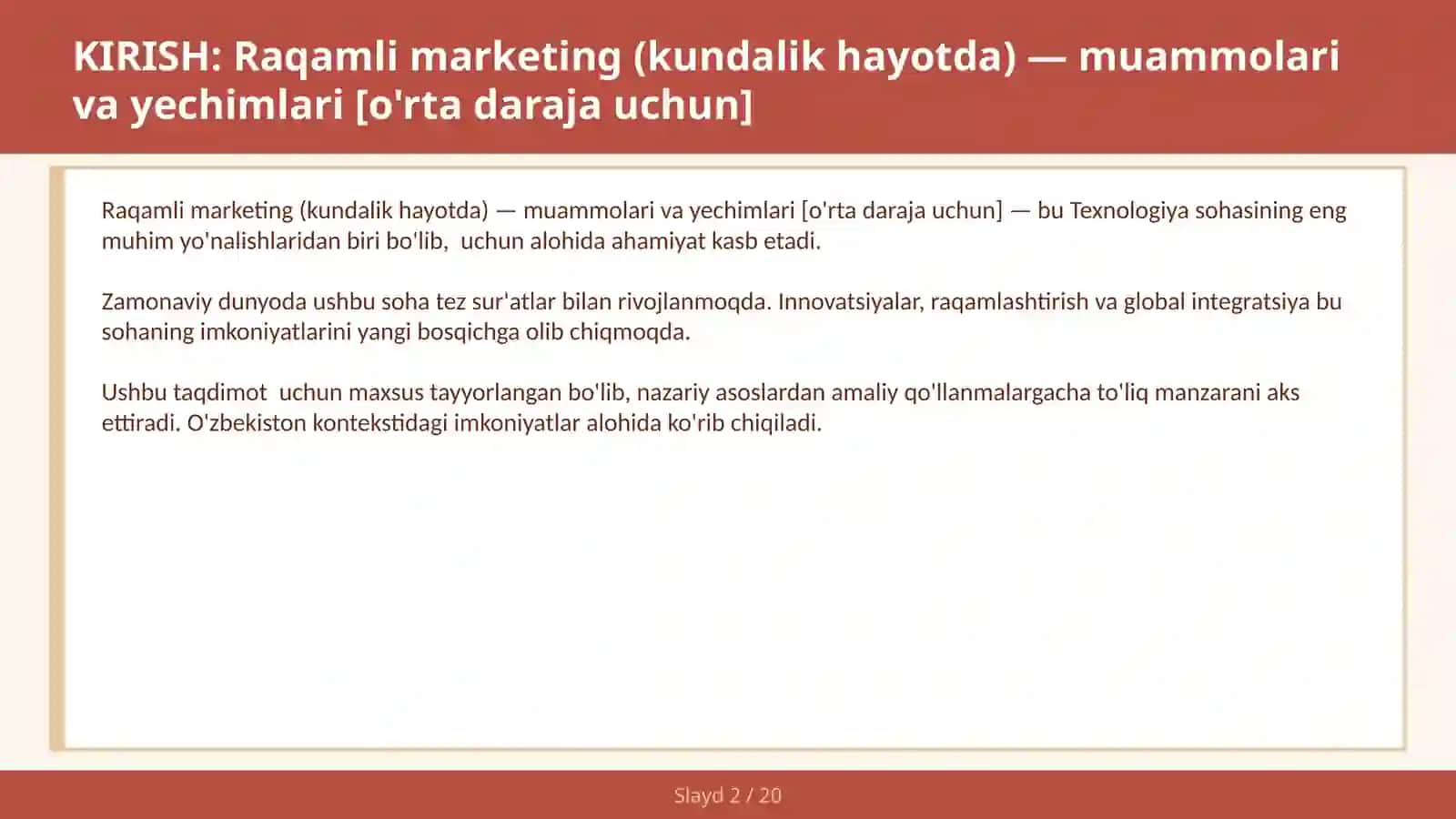 Raqamli marketing (kundalik hayotda) — muammolari va yechimlari [o'rta daraja uchun] 2