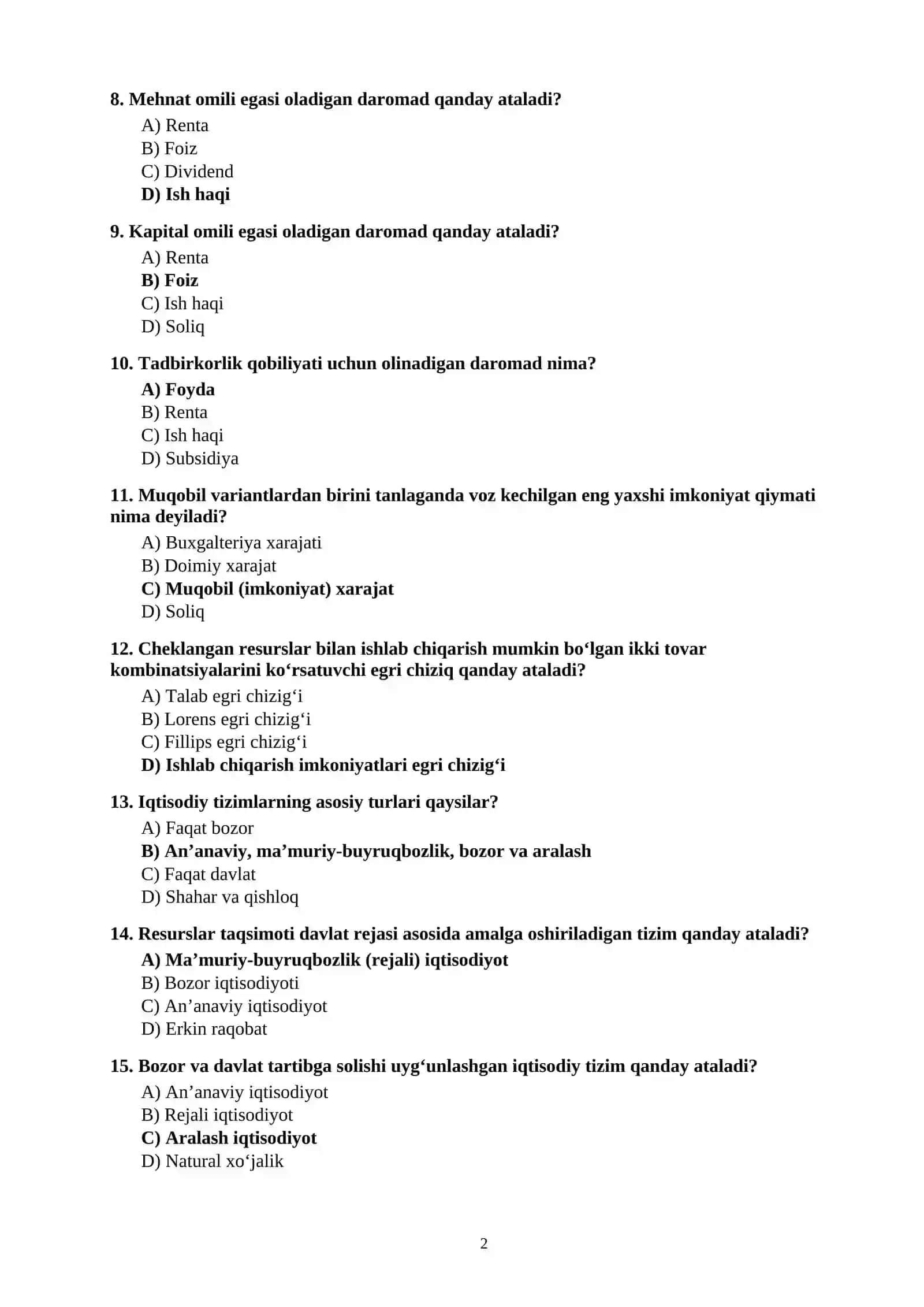 IQTISODIYOT” FANIDAN 100 TA TEST SAVOLLARI JAVOBLARI BILAN 2