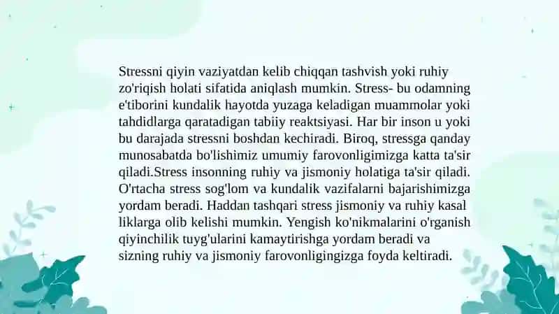 Stressdan keyingi jarohatlarda psixotreninglar, psixotexnikalar, psixologik konsultatsiyalar 2