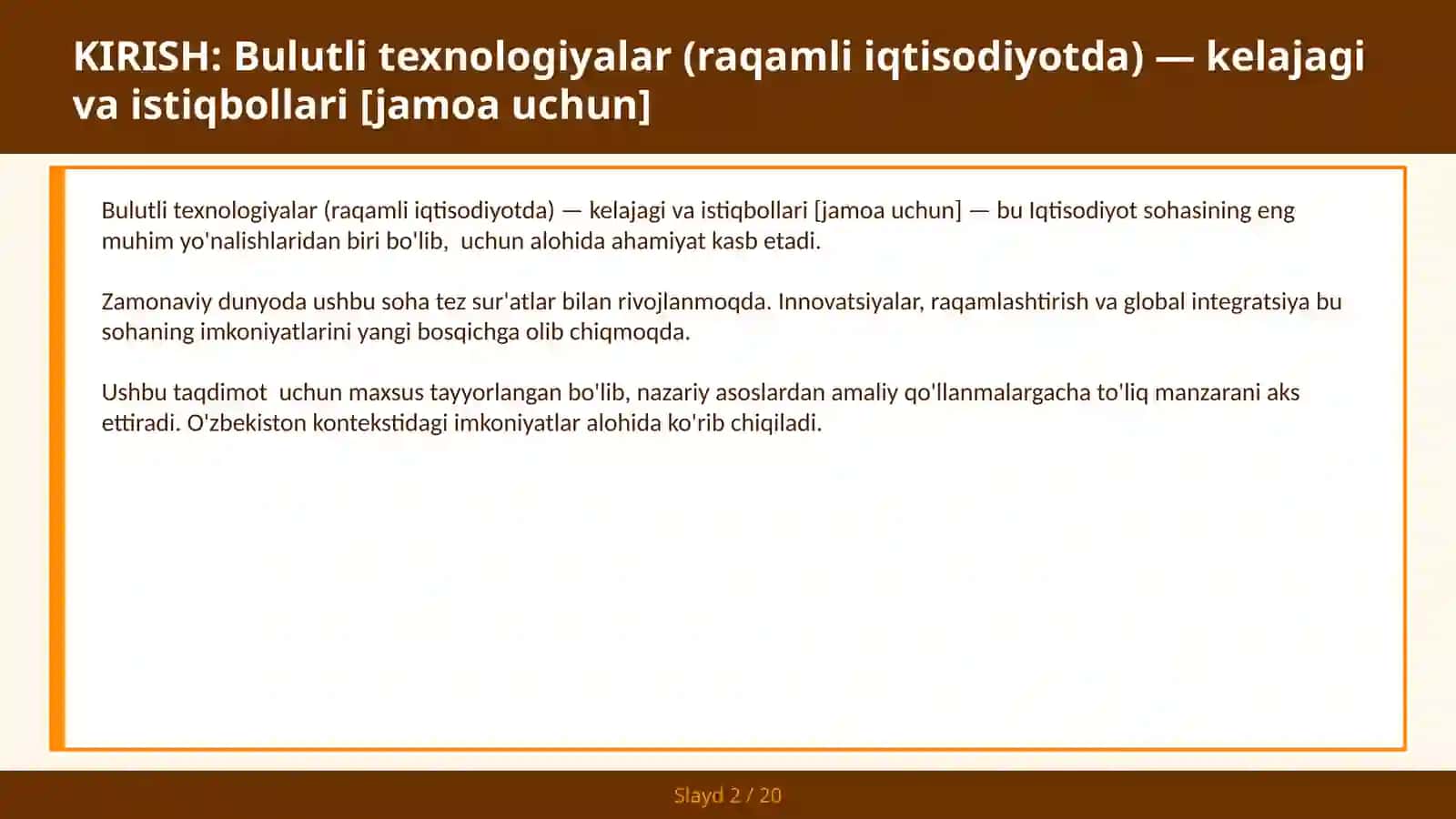 Bulutli texnologiyalar (raqamli iqtisodiyotda) — kelajagi va istiqbollari [jamoa uchun] 2