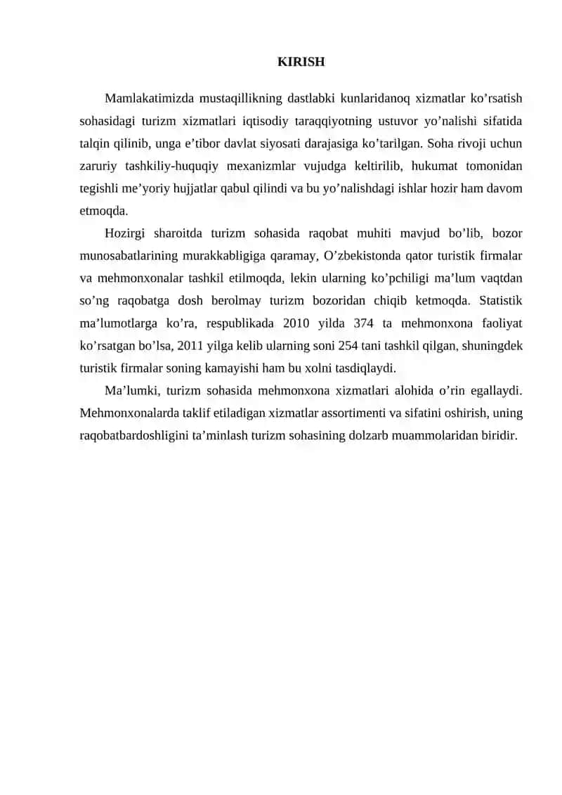 Mehmonxonalarning turizm sohasidagi o’rni va Mehmonxona xizmatlari raqobatbardoshligi 2