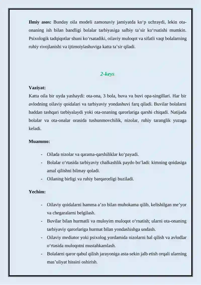 ОILАNING TURLАRI .Mavzu bo`yicha vaziyatli keys. 2