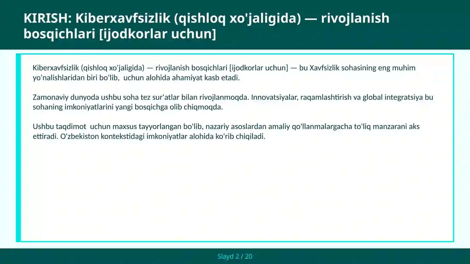 KIBERXAVFSIZLIK (QISHLOQ XO'JALIGIDA) — RIVOJLANISH BOSQICHLARI [IJODKORLAR UCHUN] 2
