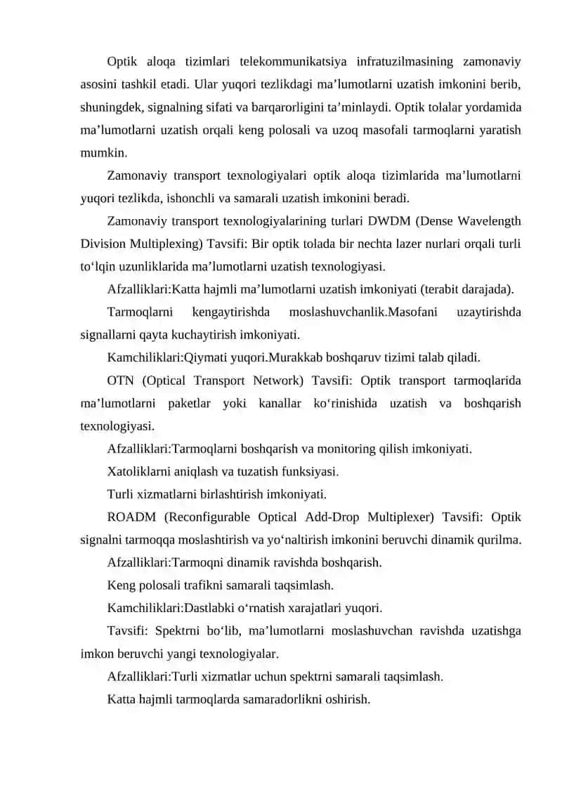 OPTIK ALOQA TIZIMLARIDA QO‘LLANILAYOTGAN ZAMONAVIY TRANSPORT TEXNOLOGIYALAR TAHLILI 2