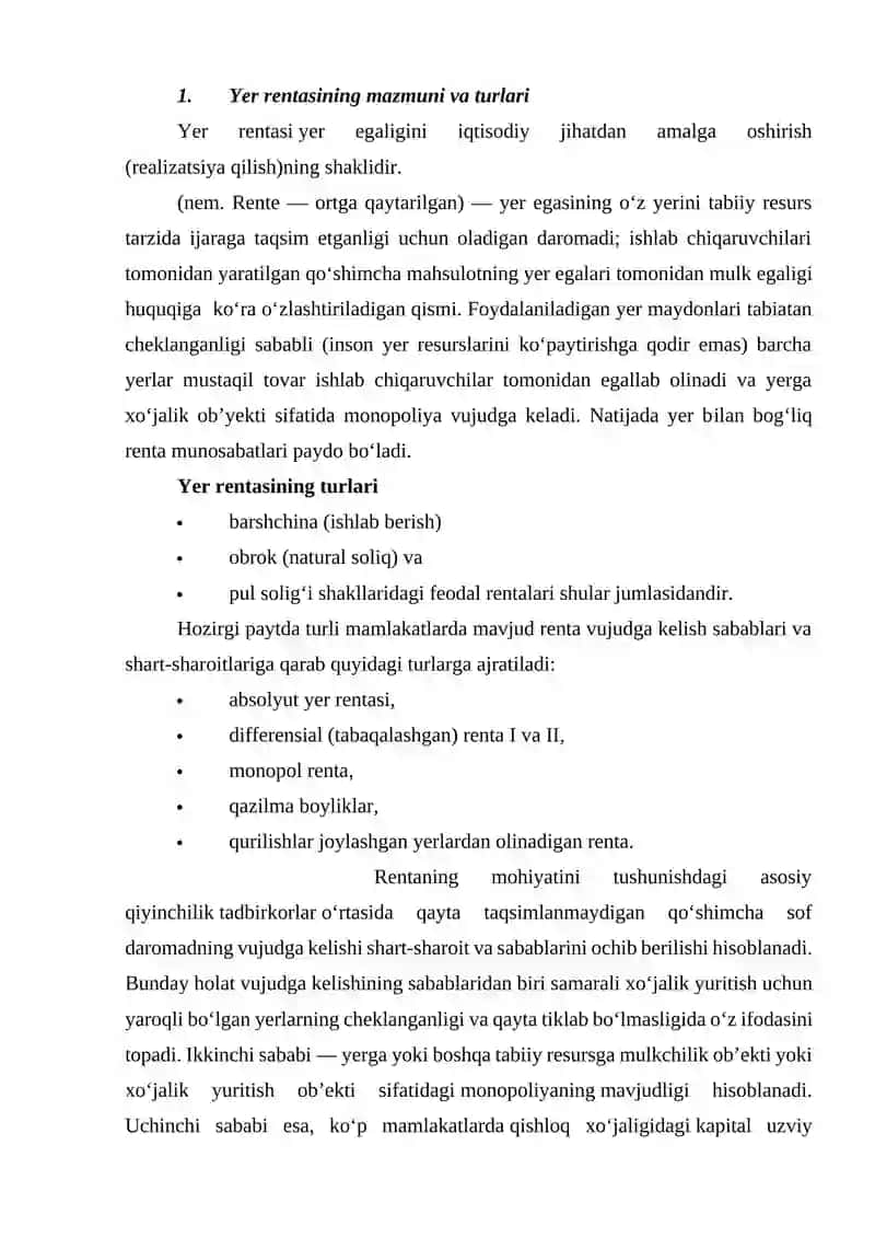 Yer rentasining mazmuni va turlari 2