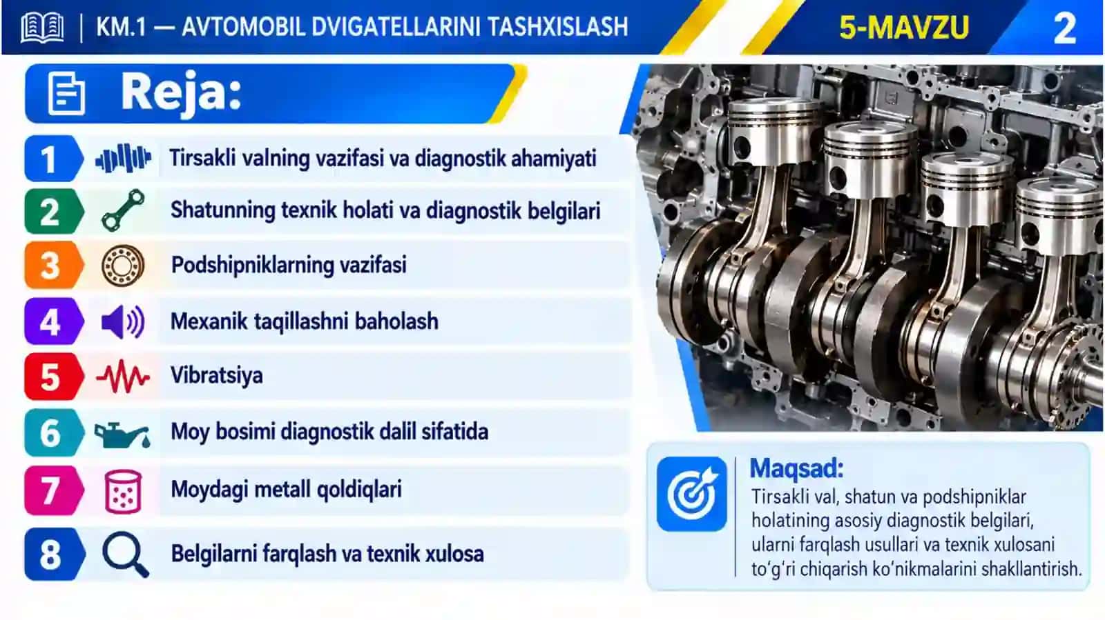 5-mavzu. Tirsakli val, shatun va podshipniklarning diagnostik belgilari 2