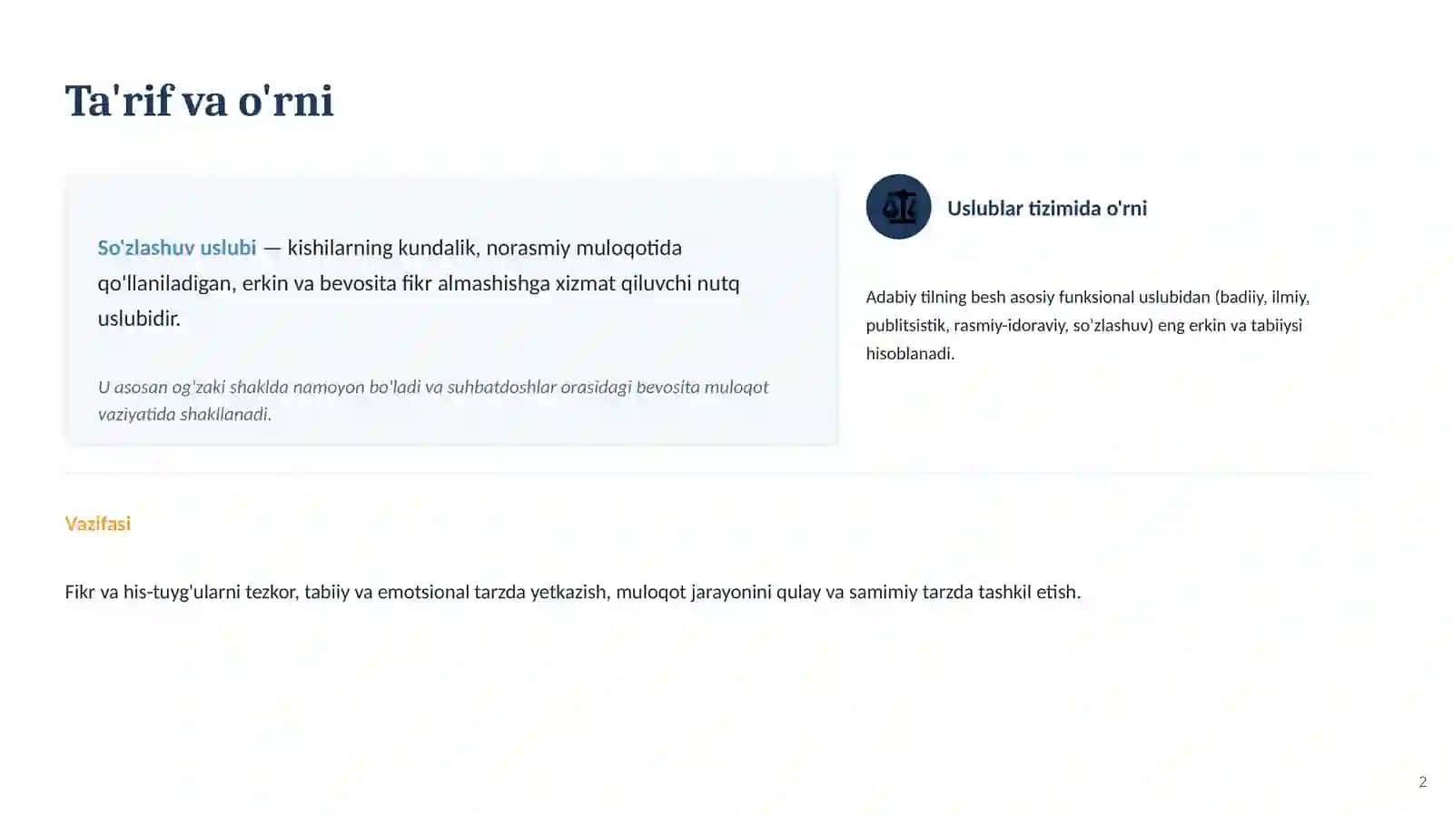 O'ZBEK TILI USLUBSHUNOSLIGI. soʻzlashuv nutq uslubi 2