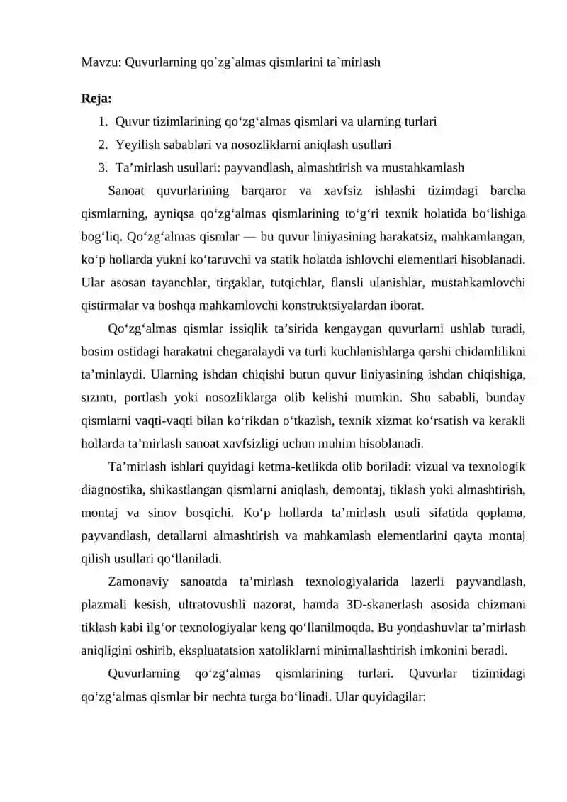 Quvurlarning qo`zg`almas qismlarini ta`mirlash 2