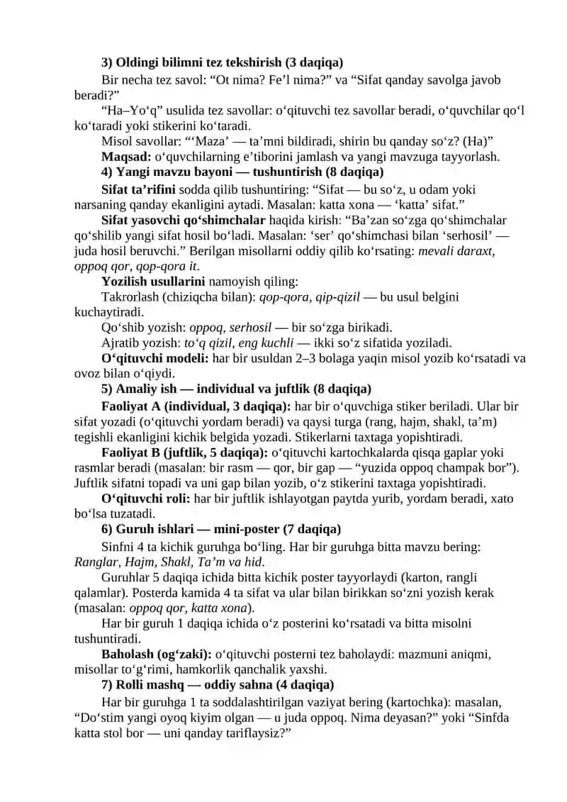 Ochiq dars ishlanma (3-sinf) Mavzu: Sifat yasovchi qo‘shimchalar (sifat va ularning yozilishi) 2