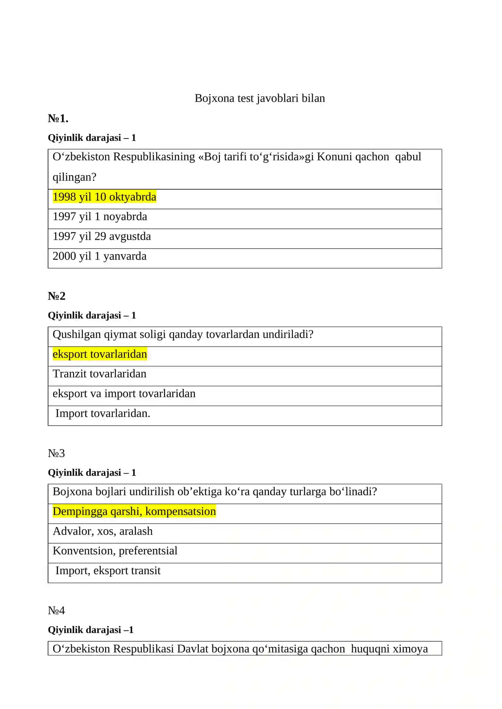 Bojxona idoralariga ishga kirish uchun test savol javoblar tayyori 2