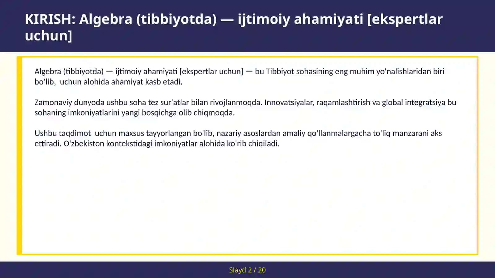 ALGEBRA (TIBBIYOTDA) — IJTIMOIY AHAMIYATI [EKSPERTLAR UCHUN] 2