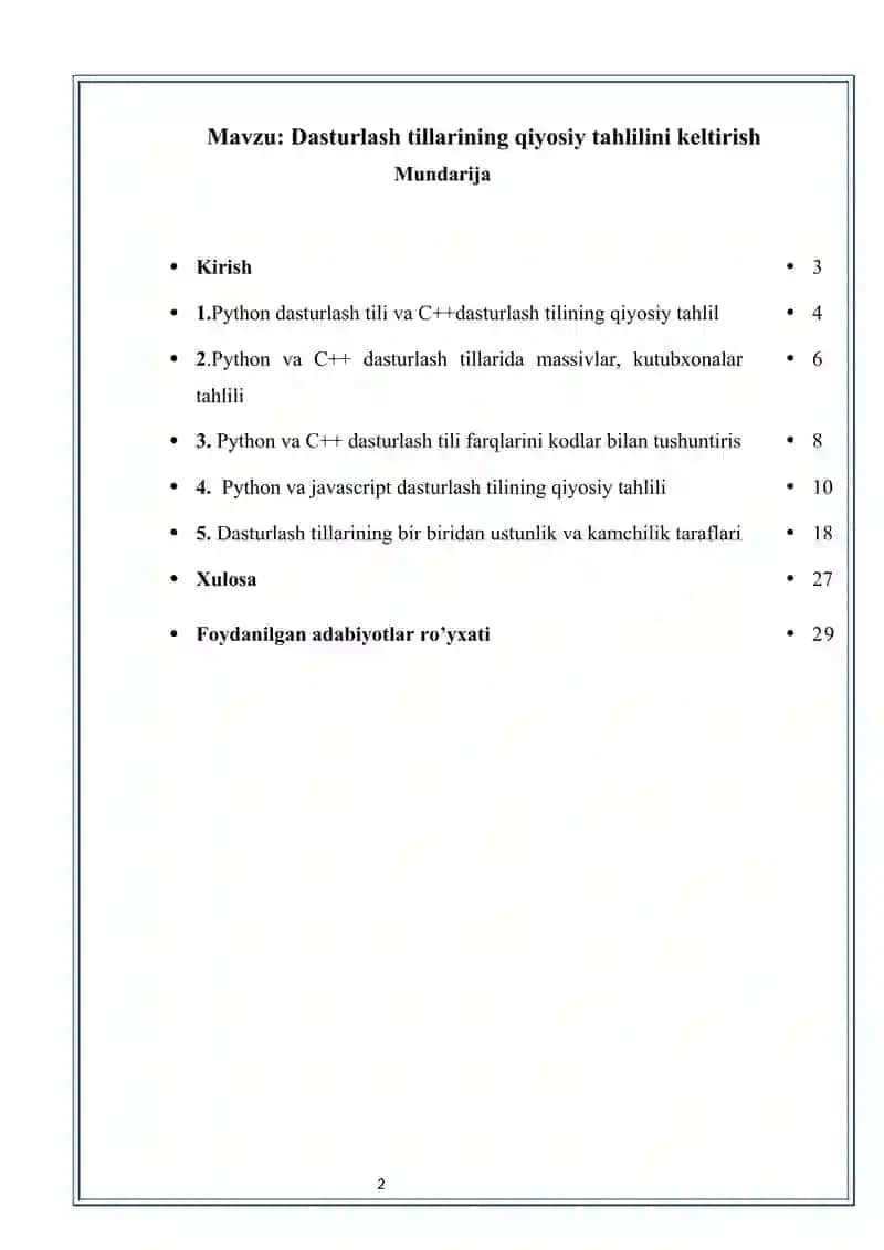 Dasturlash tillarining qiyosiy tahlilini keltirish 2