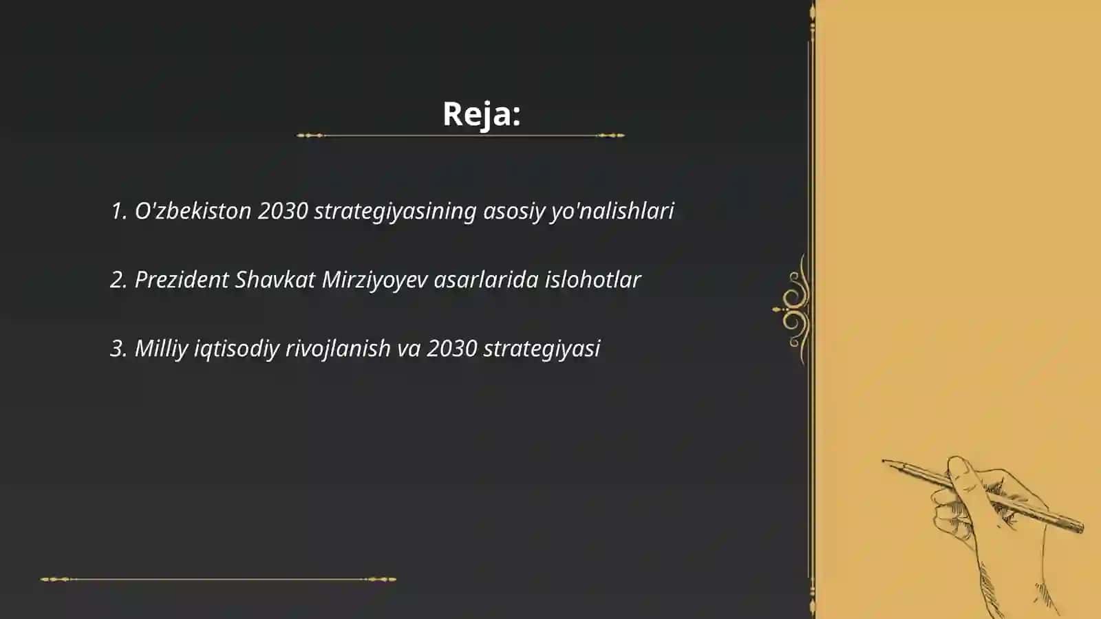 O'zbekiston 2030 strategiyasi va Prizident SH Mirziyoyey asarlari Milliy va xorijiy tajribani qiyoslash 2