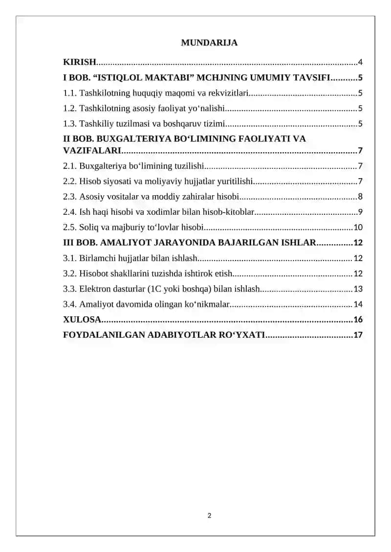 Maktab(xususiy mchj) boʻyicha Amaliyot hisoboti . (Buxgalteriya boʻlimi) 2