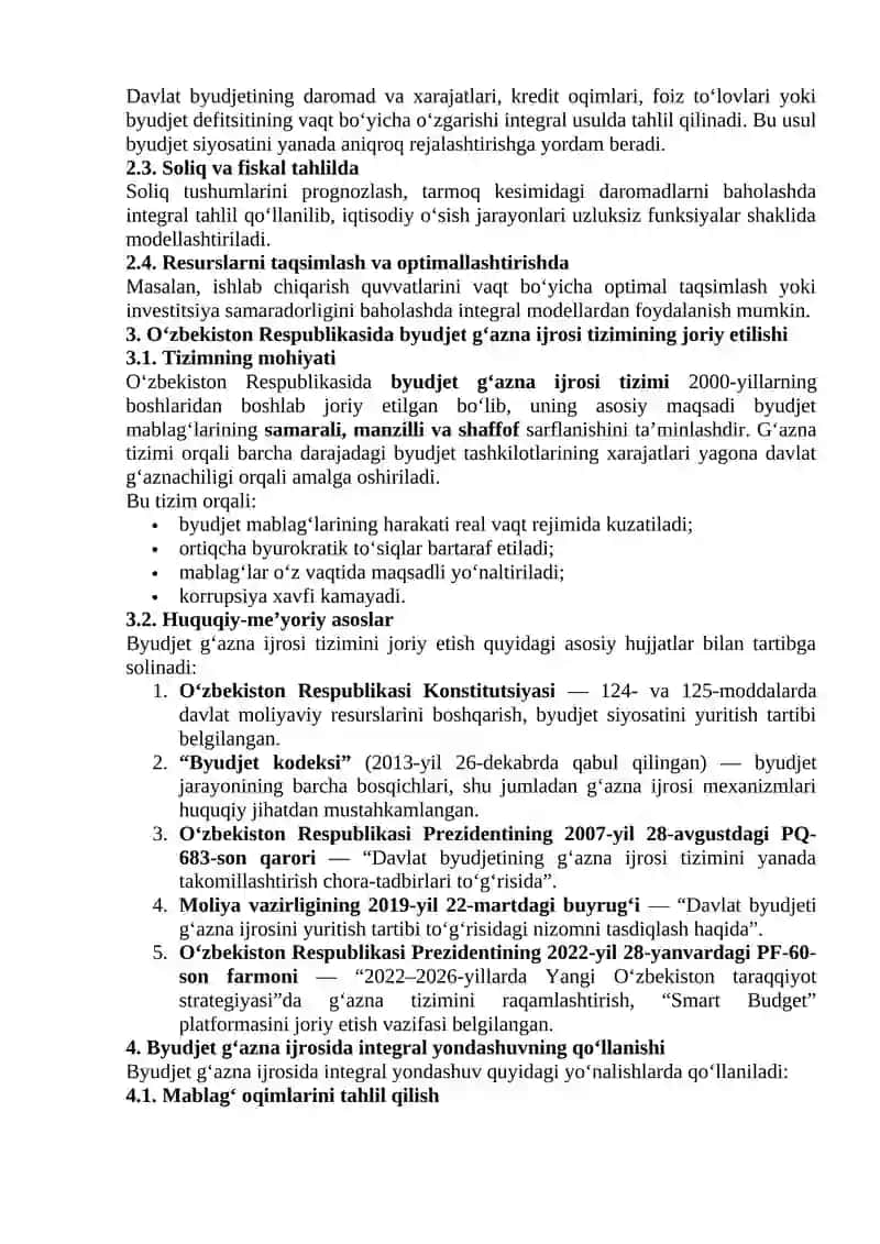 Integratsion (integral) usul va uni tahlilda qo‘llanishi hamda O‘zbekiston Respublikasida byudjet g‘azna ijrosining joriy etilishining huquqiy-me’yoriy asoslari 2