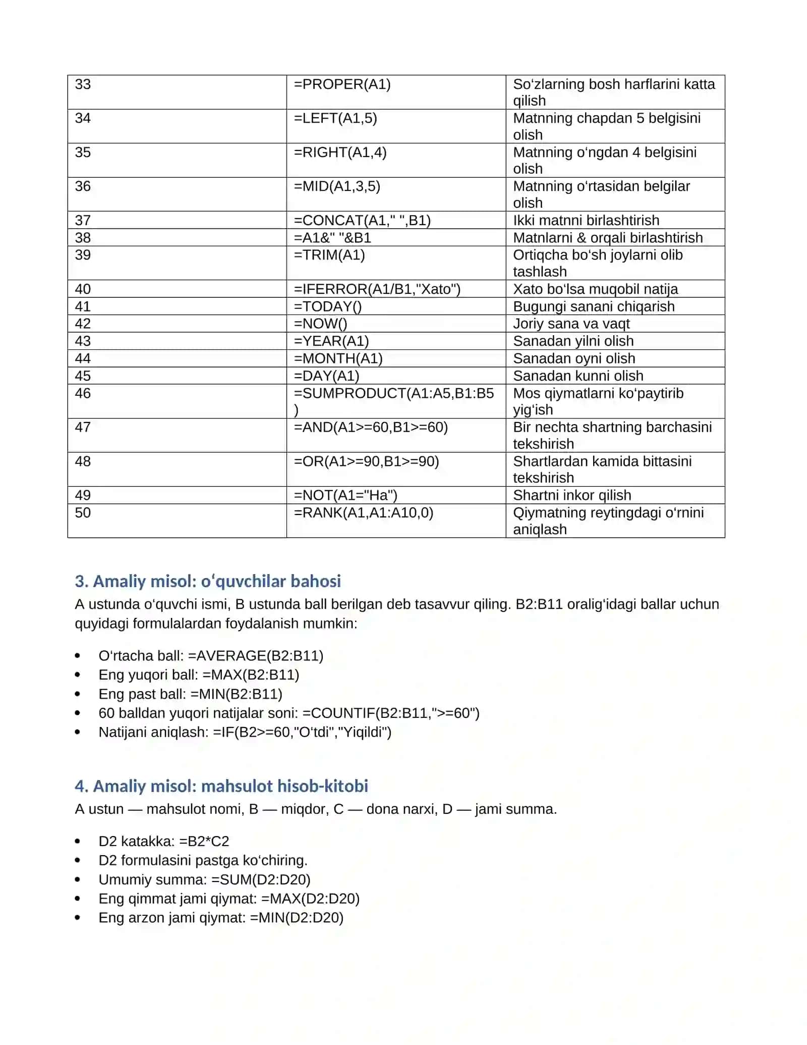 EXCEL FORMULALARINING 50 TA NAMUNASI 2
