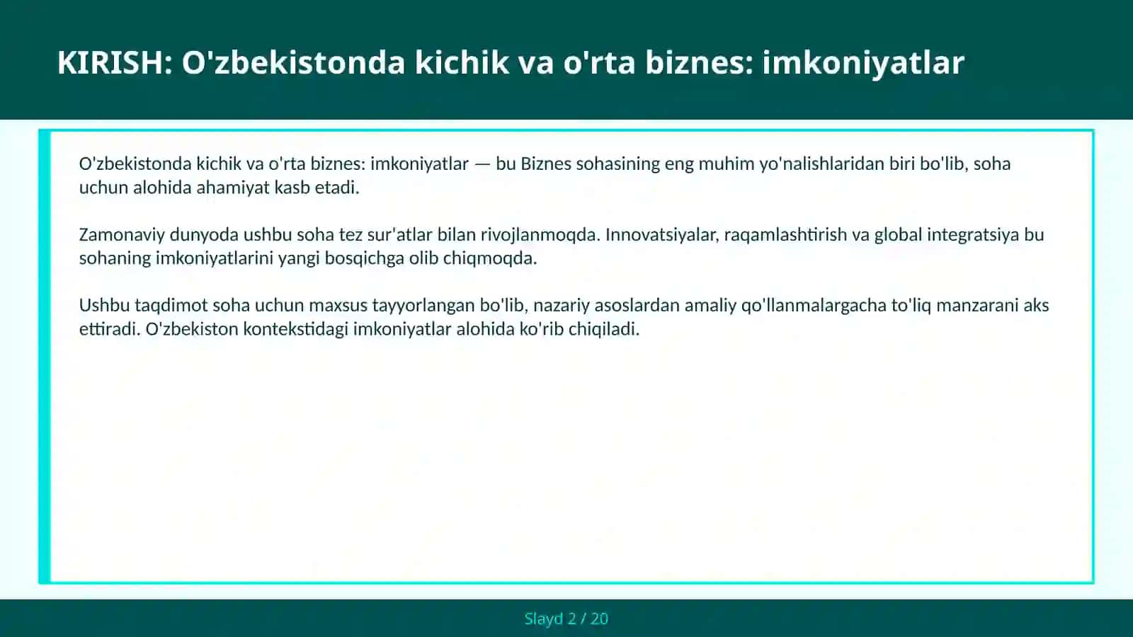 O'zbekistonda kichik va o'rta biznes: imkoniyatlar 2