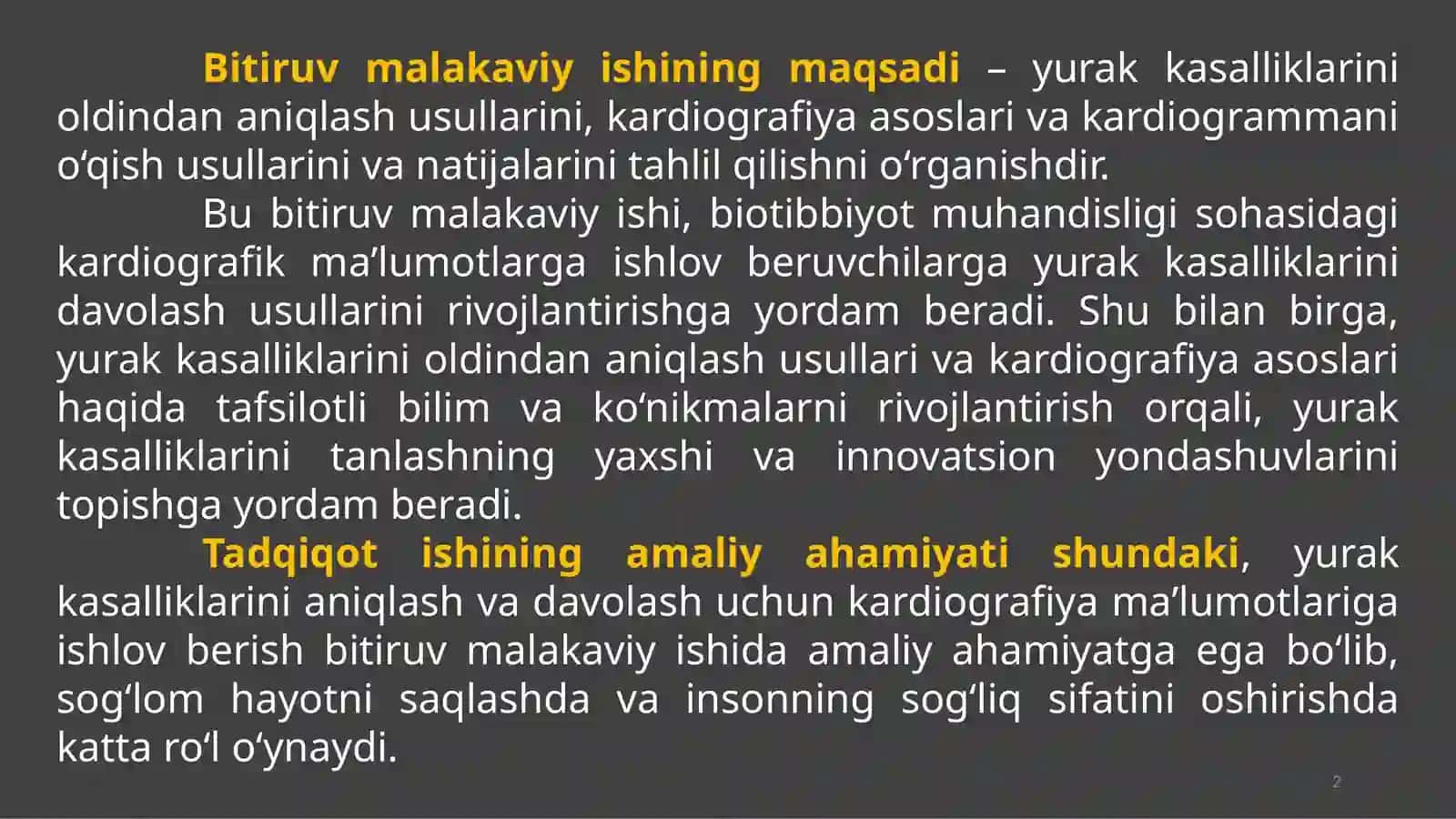 YURAK KASALLIKLARIGA TASHXIS QO‘YISH UCHUN KARDIOGRAFIK MA’LUMOTLARGA ISHLOV BERISH 2