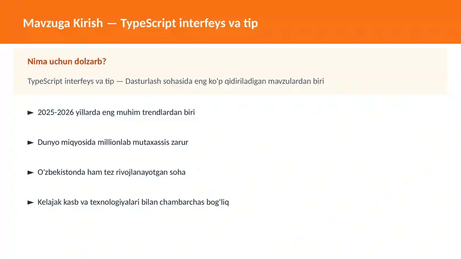 Mavzuga Kirish — TypeScript interfeys va tip 2