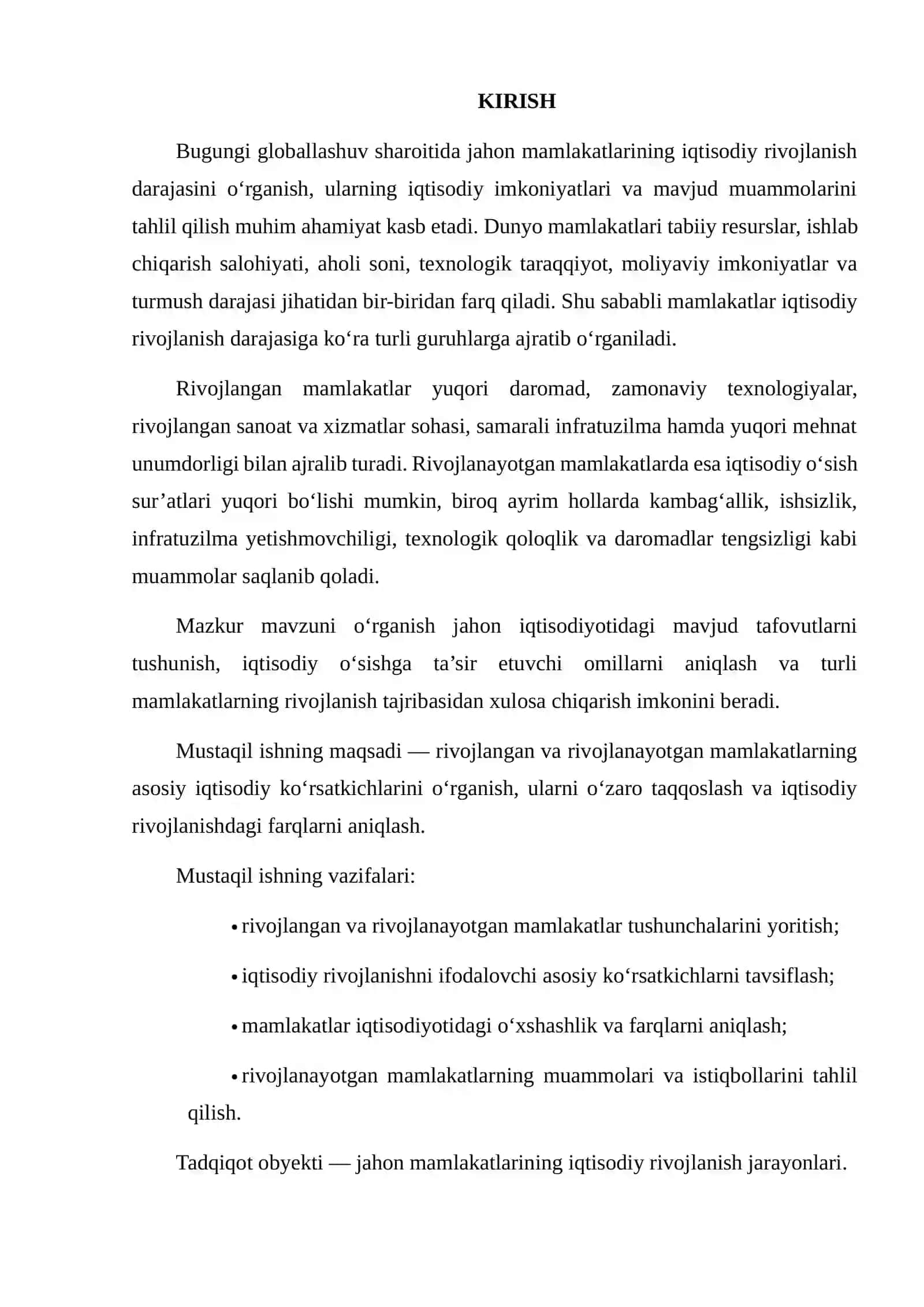 RIVOJLANGAN VA RIVOJLANAYOTGAN MAMLAKATLARNING IQTISODIY KO‘RSATKICHLARINI TAQQOSLASH 2