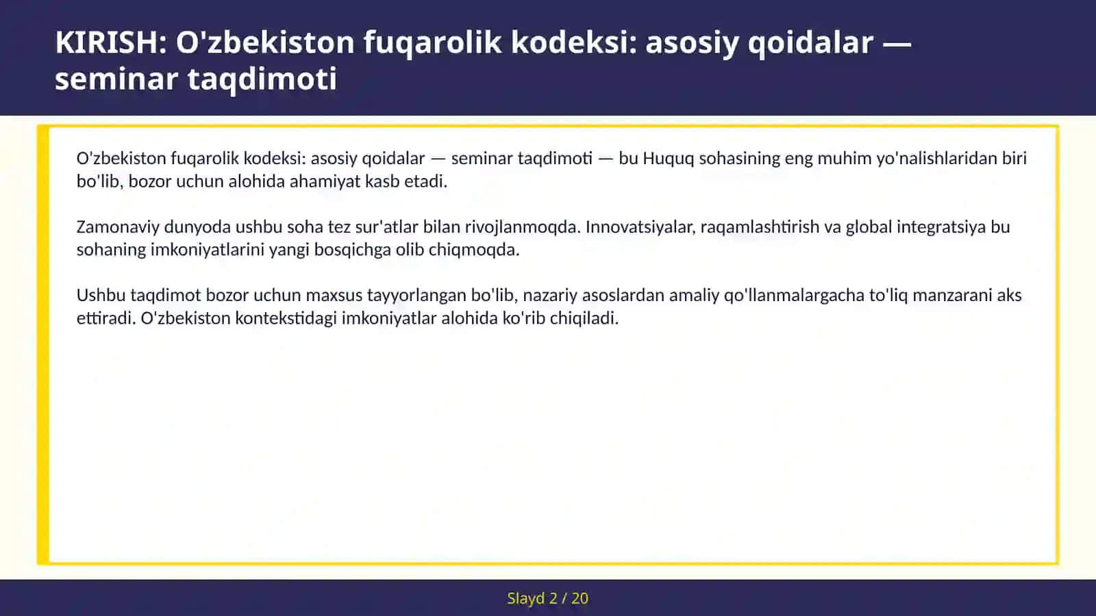 O'zbekiston fuqarolik kodeksi: asosiy qoidalar — seminar taqdimoti 2