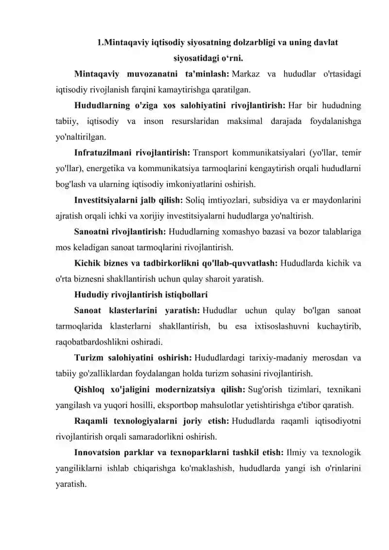 DAVLATNING MINTAQAVIY IQTISODIY SIYOSATI VA HUDUDIY RIVOJLANTIRISH ISTIQBOLLARI 2