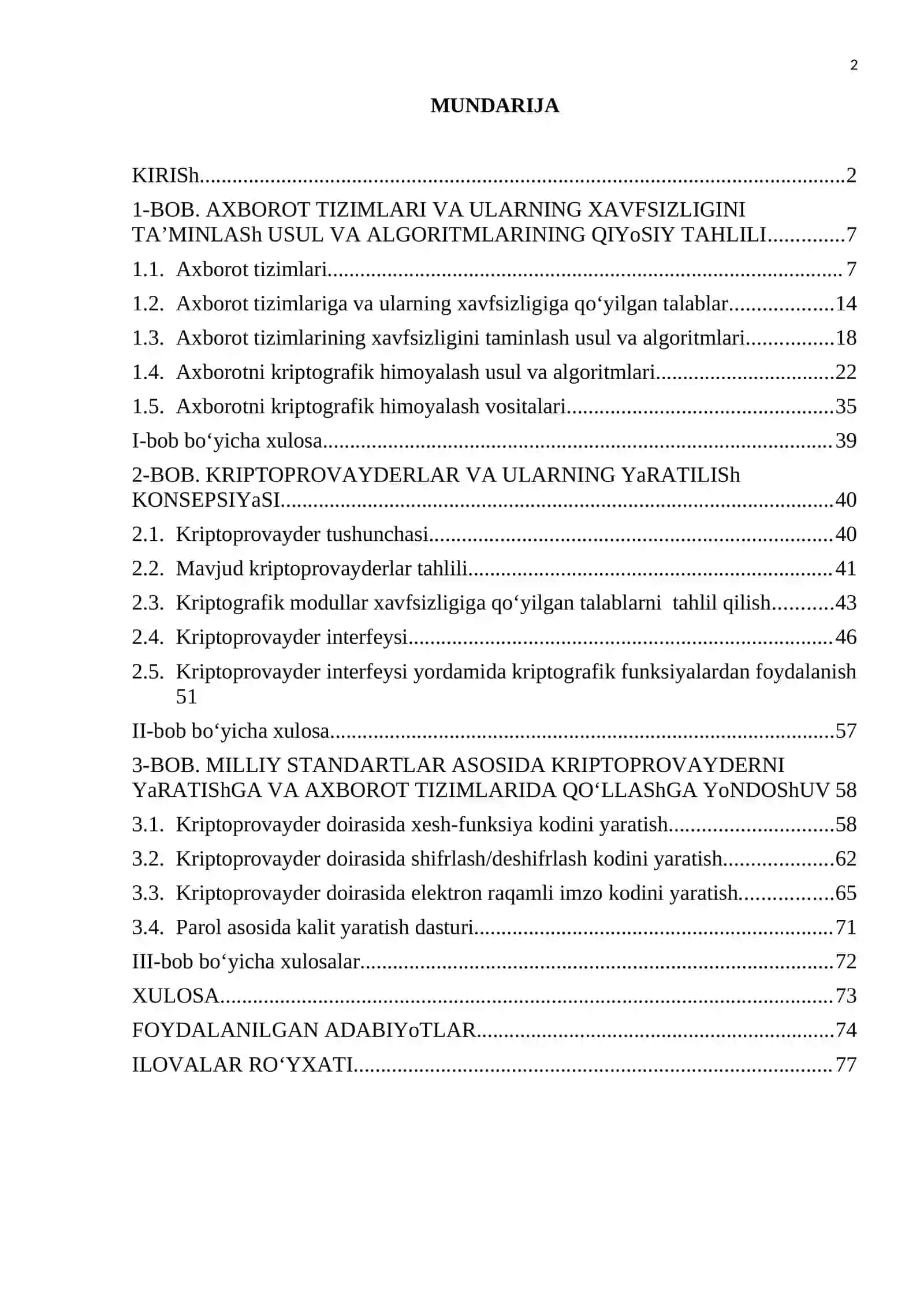 "MILLIY KRIPTOPROVAYDER YARATISH VA UNI  AXBOROT TIZIMLARIDA QO‘LLASH" MAVZUSIDA MAGISTR AKADEMIK DARAJASINI OLISH UCHUN YOZILGAN DISSERTATSIYA 2