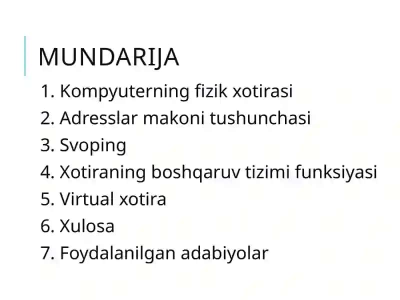 OPERATSION TIZIMLARDA XOTIRANI BOSHQARISH. XOTIRA TURLARI 2