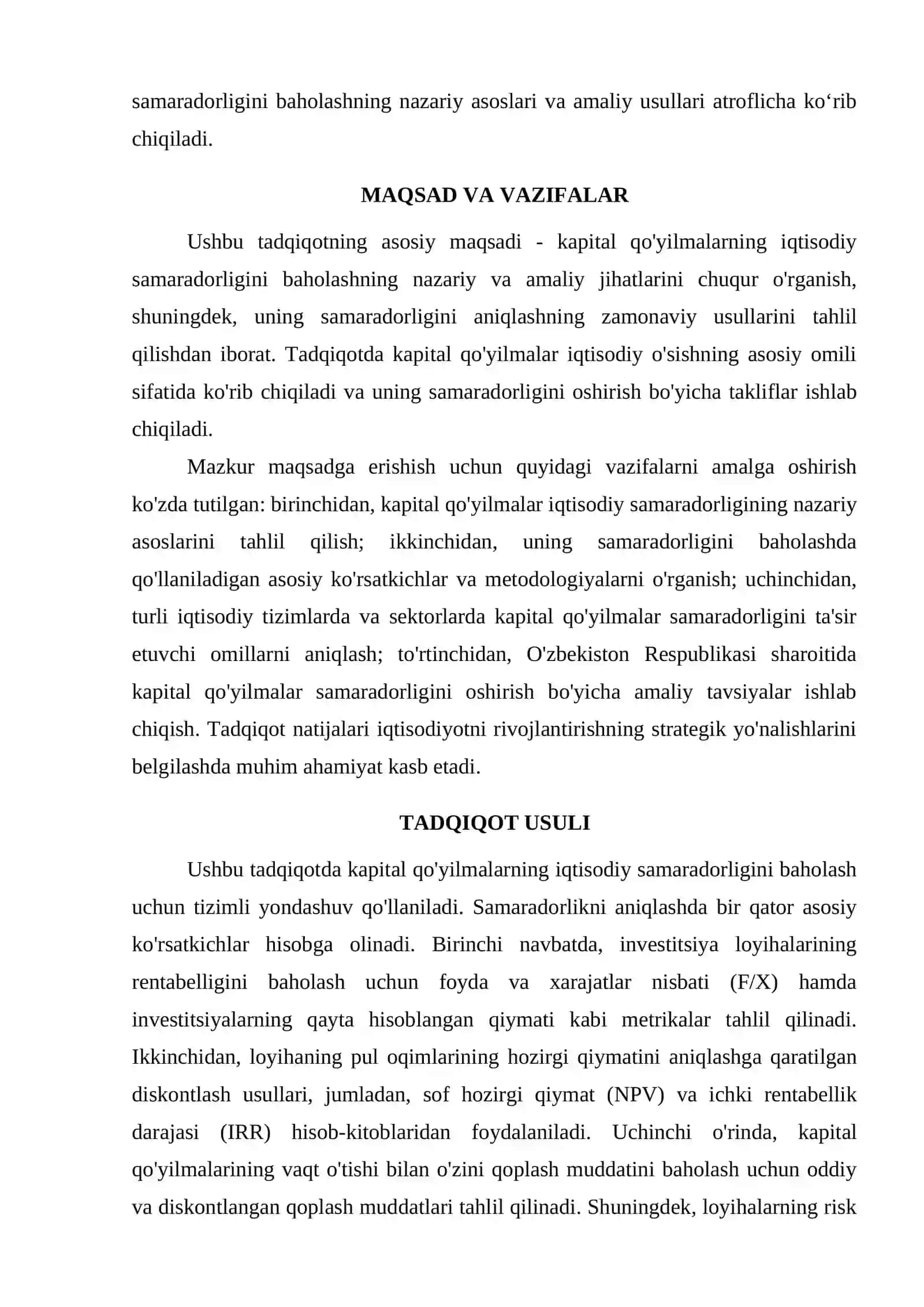 KAPITAL QOʻYILMALARNING IQTISODIY SAMARADORLIGI VA UNI ANIQLASH YOʻLLARI 2