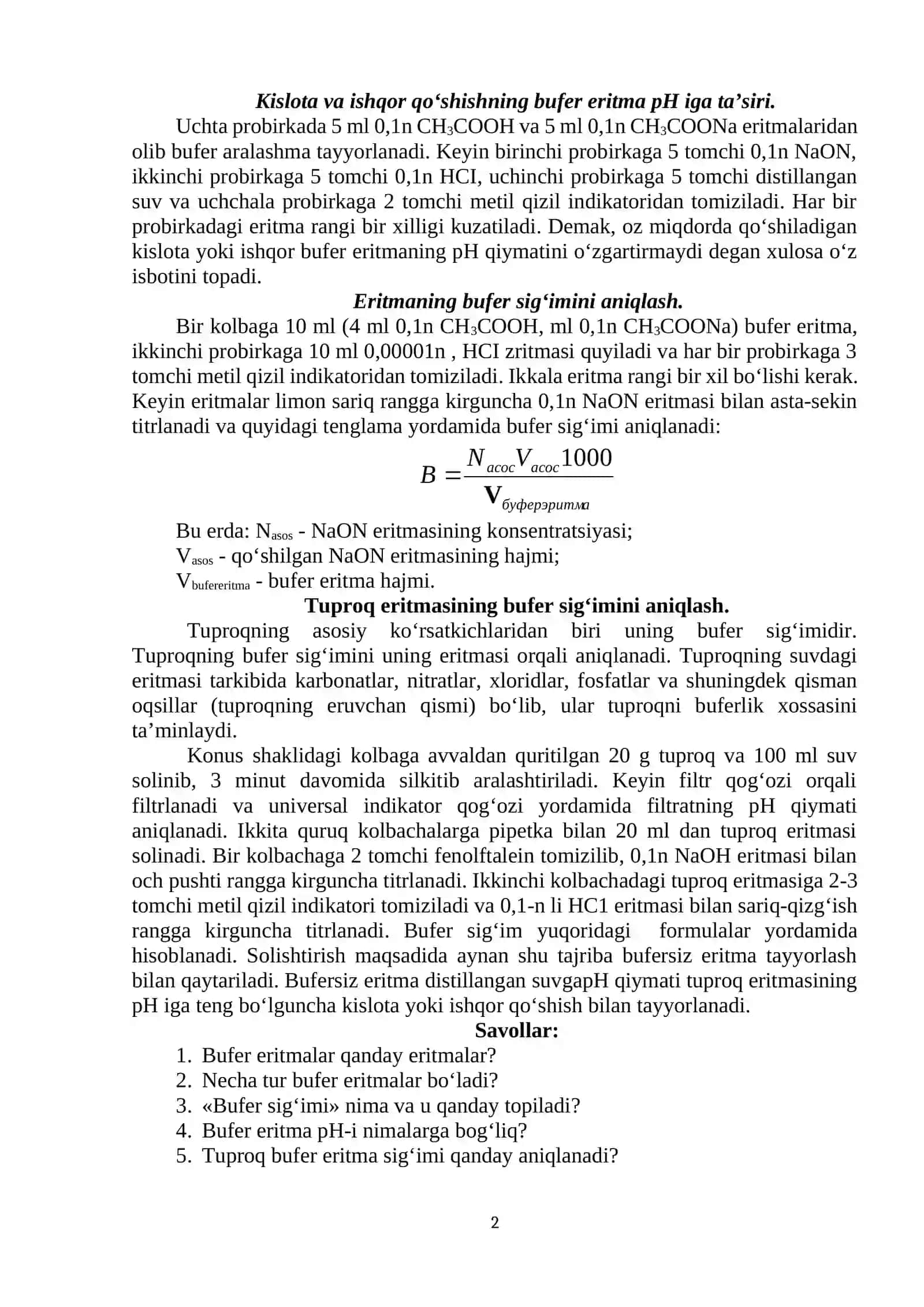 Laboratoriya ishi: Bufer eritmalar tayyorlash va xossalarini o’rganish 2