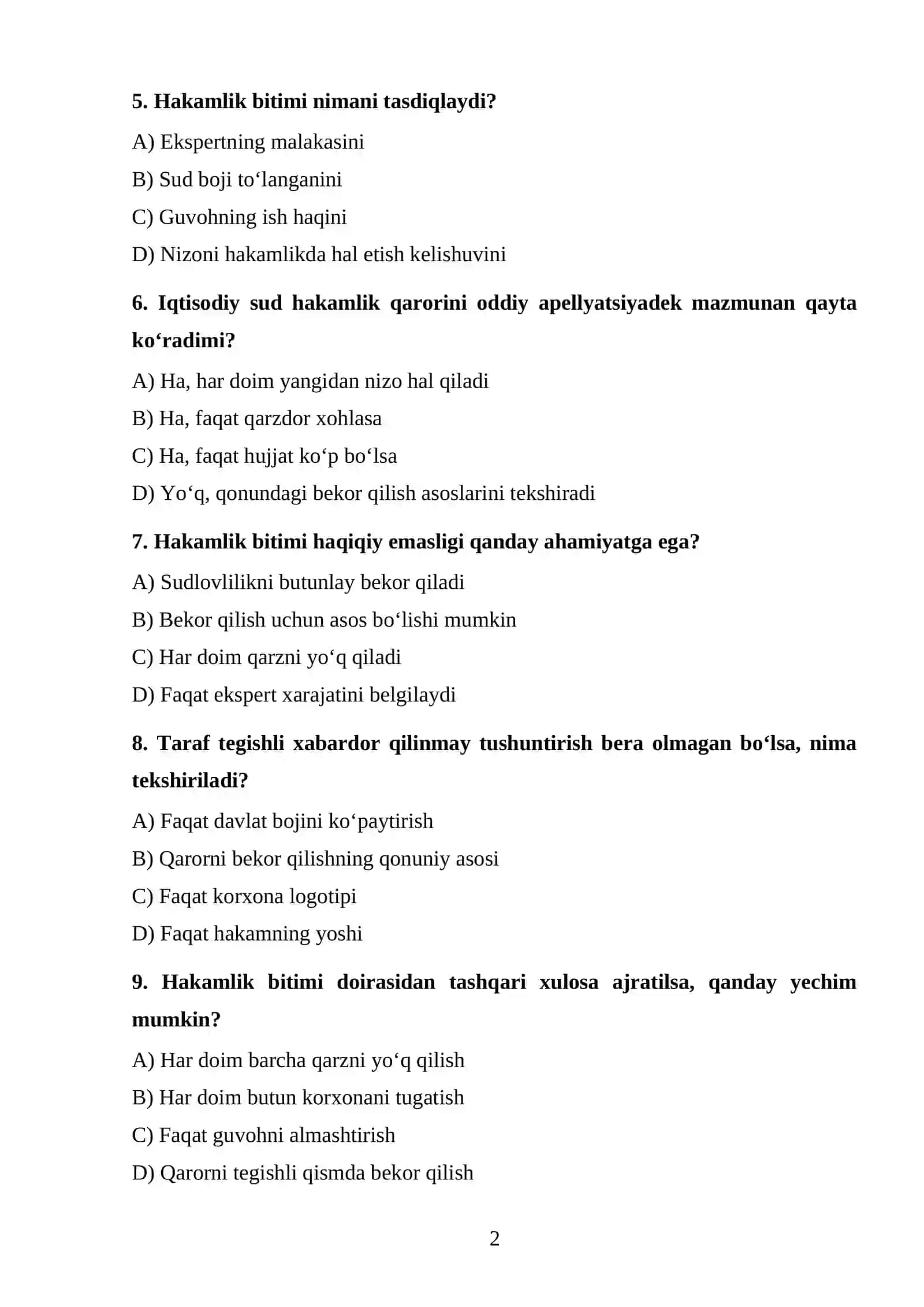 Hakamlik sudining hal qiluv qarorlari bilan bog‘liq ishlarni yuritish tartibi TEST. 2