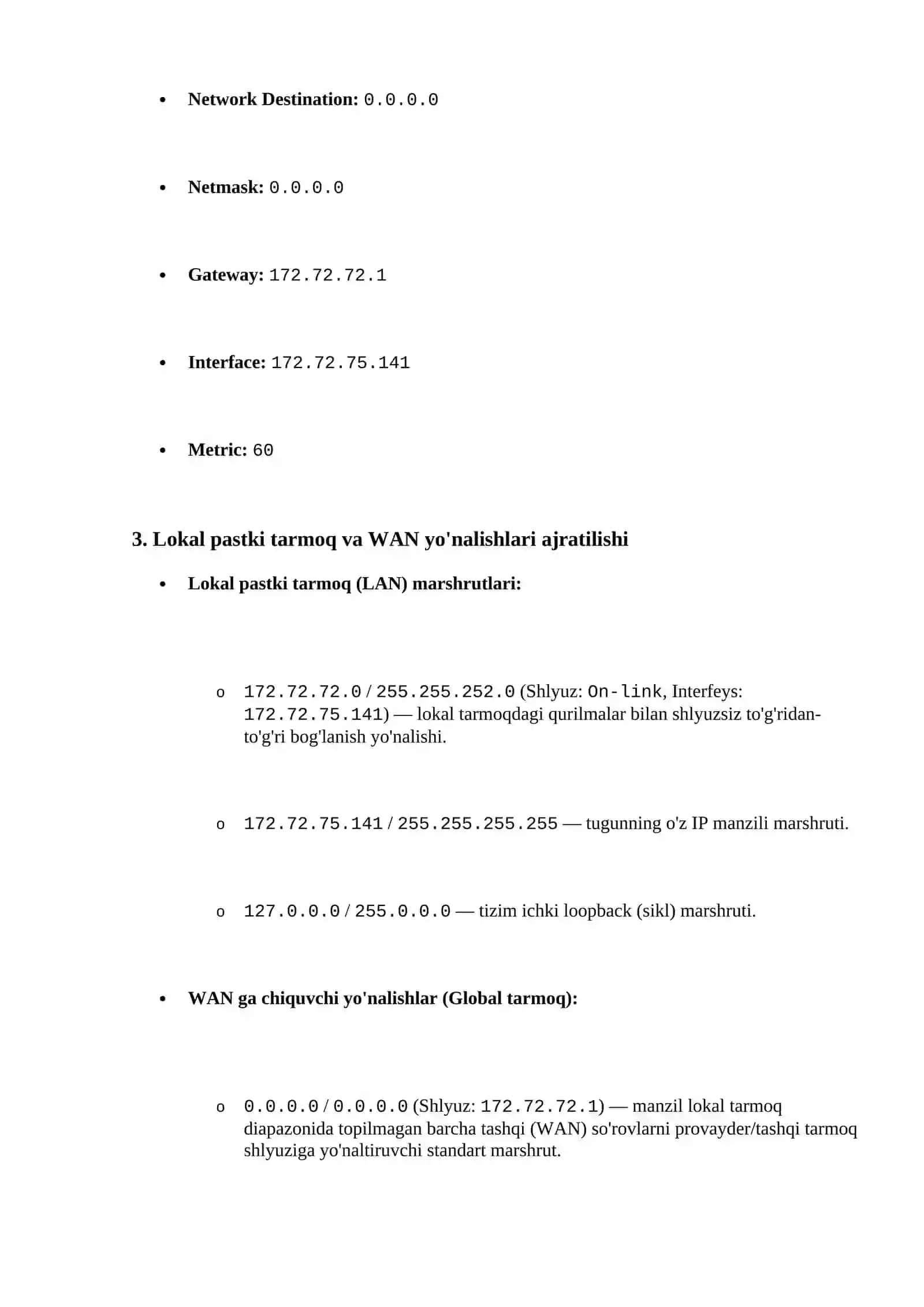 Tarmoq marshrutlash jadvali (Routing Table) tahlili 2