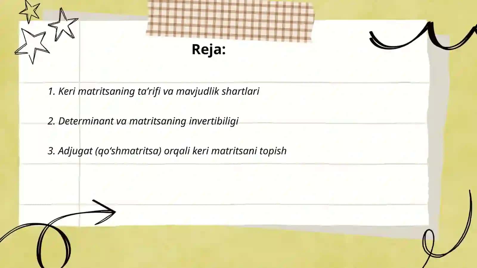 Keri matricalar.Siziqli tenʼlemelerdi matrica usilinda sheshiw 2