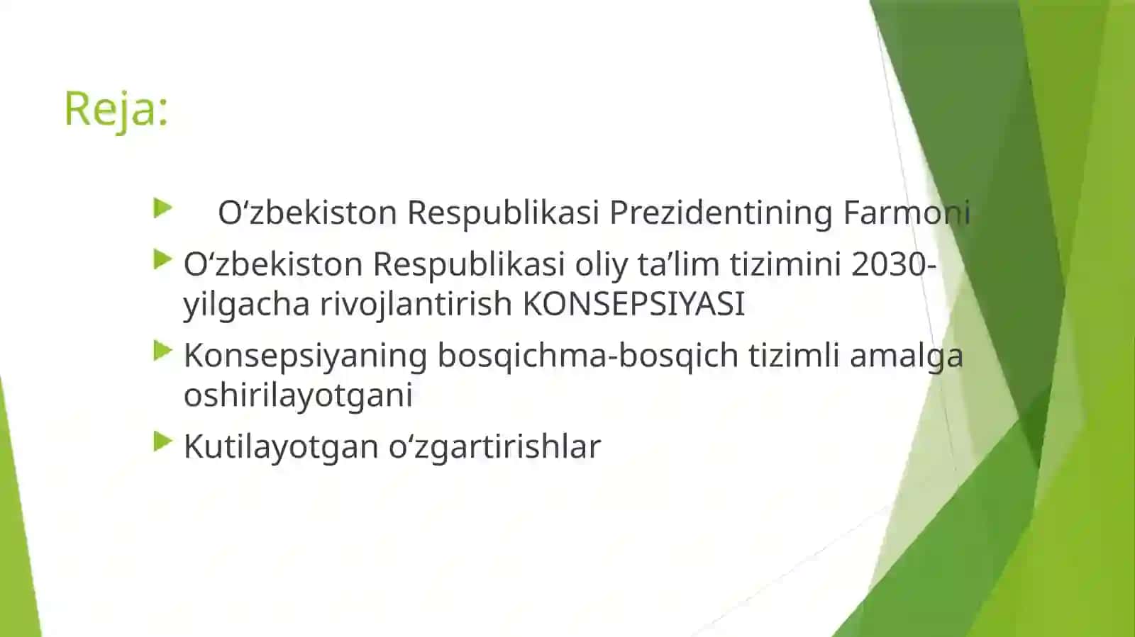 O‘zbekiston Respublikasi oliy ta’lim tizimini 2030-yilgacha rivojlantirish konsepsiyasi to‘g‘risida o‘rganish 2