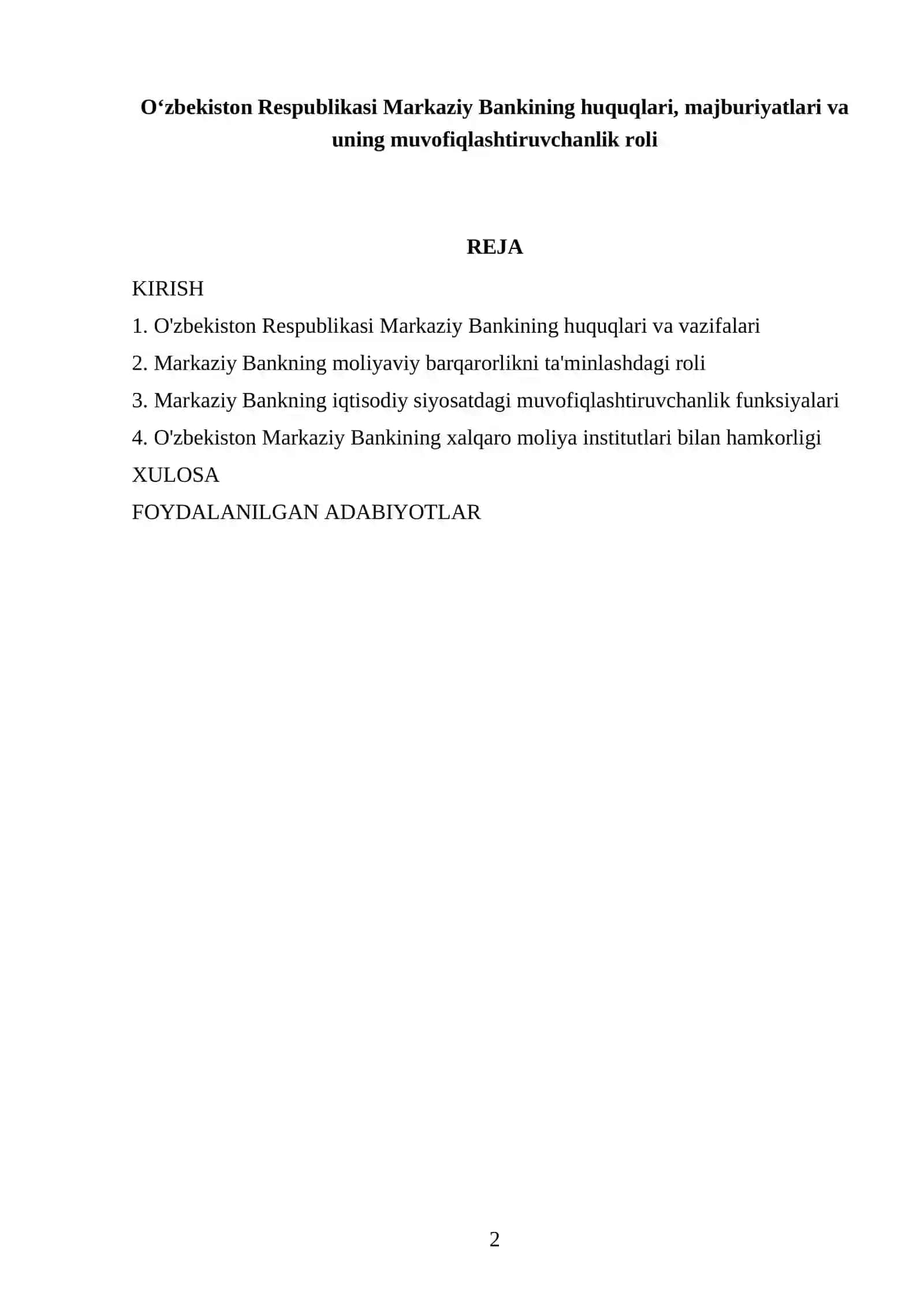 O'zbekiston Respublikasi Markaziy Bankining huquqlari, majburiyatlari va uning muvofiqlashtiruvchanlik roli 2