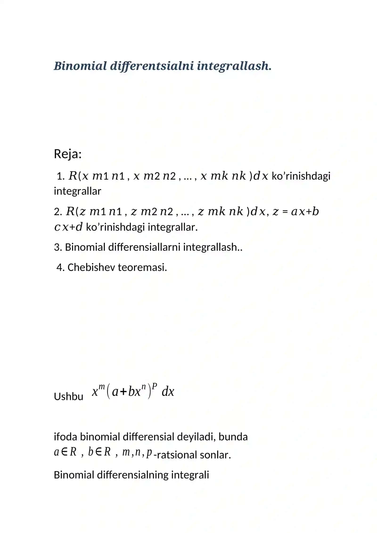 Binomial differentsialni integrallash 2