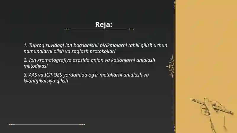 Tuproq suvning ifloslanishida ion bogʻlanishli birikmalarni aniqlab ulardan tozalash gʻoyasini ishlab chiqish 2