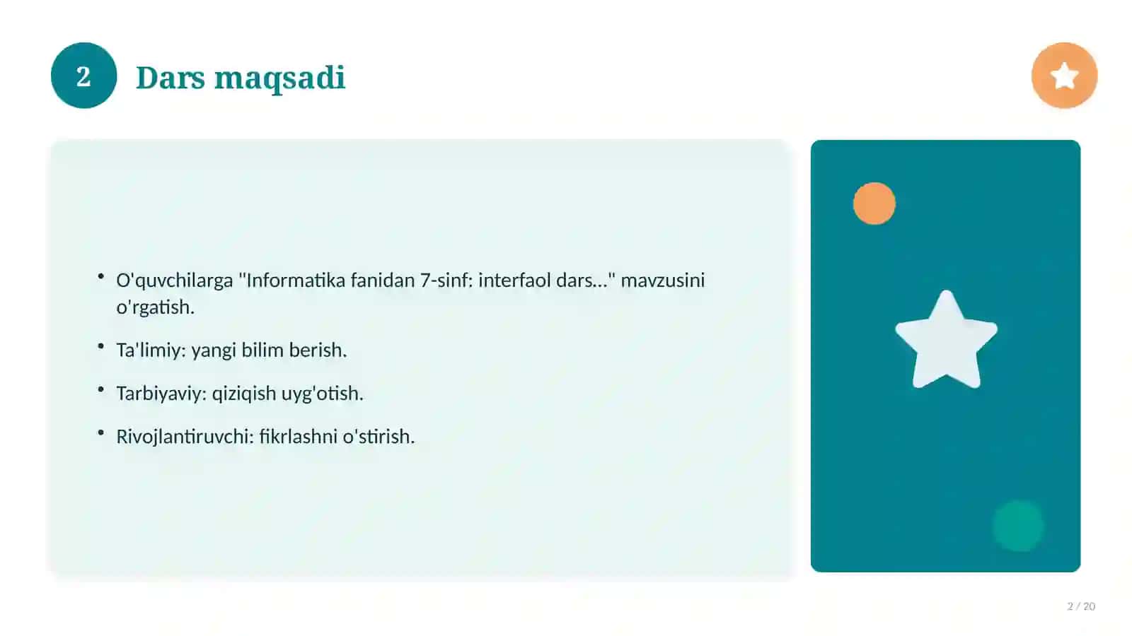 Informatika fanidan 7-sinf: interfaol dars ishlanmasi 2