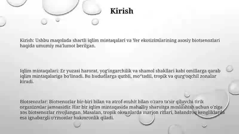 Yer Sharida Qurug'Lik Ekosistemalari Shartli Iqlimiy Guruhlar Va Ularni Muhum Biotsenozlari 2