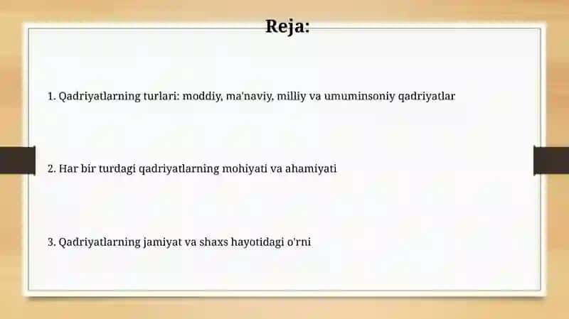 Qadiryatlar turlari moddiy ma'naviy milliy va umum insoniy qadiryatlar 2