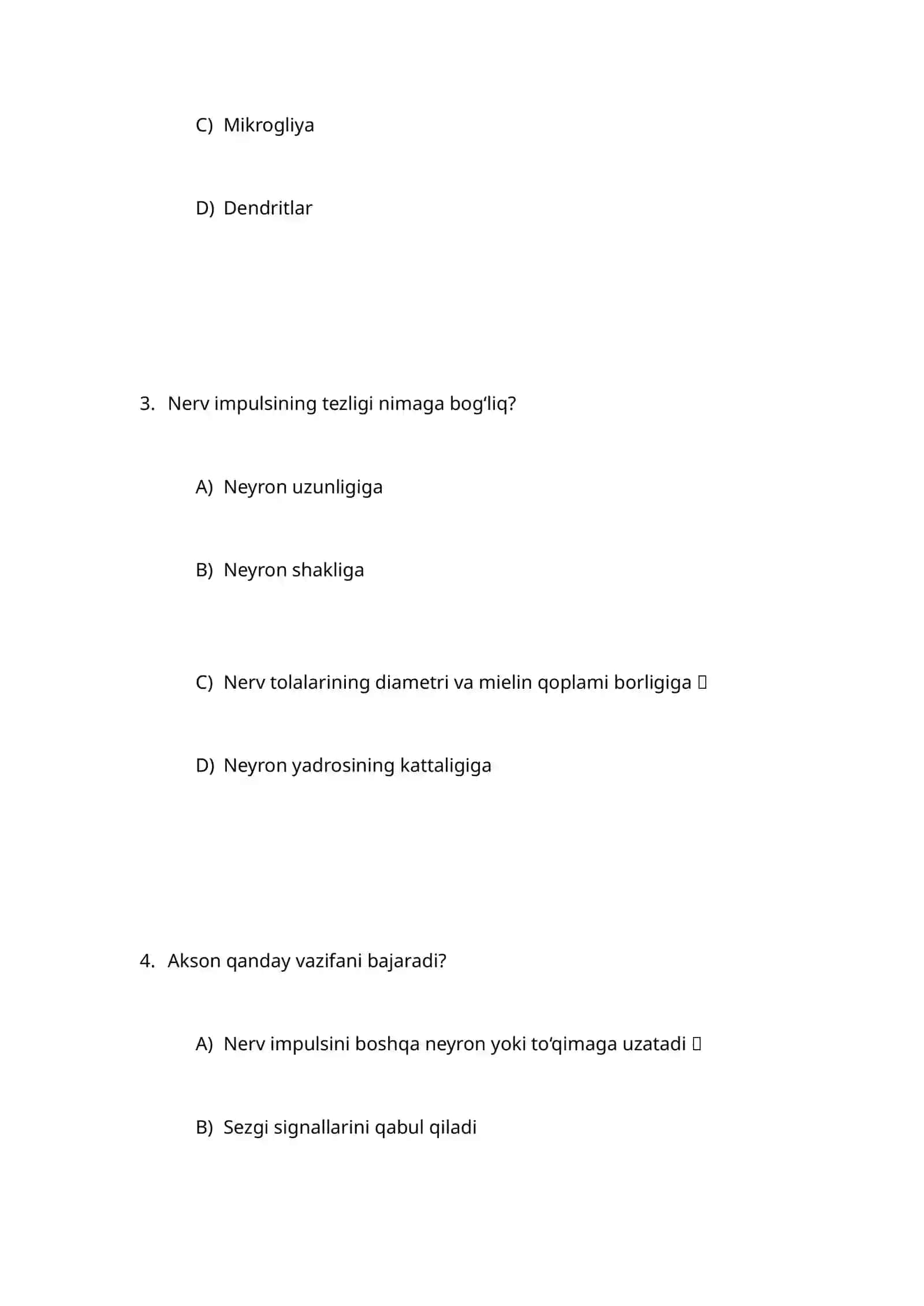 Nerv tolalari fiziologiyasi va Snapslar fiziologiyasi bo'yicha test 2